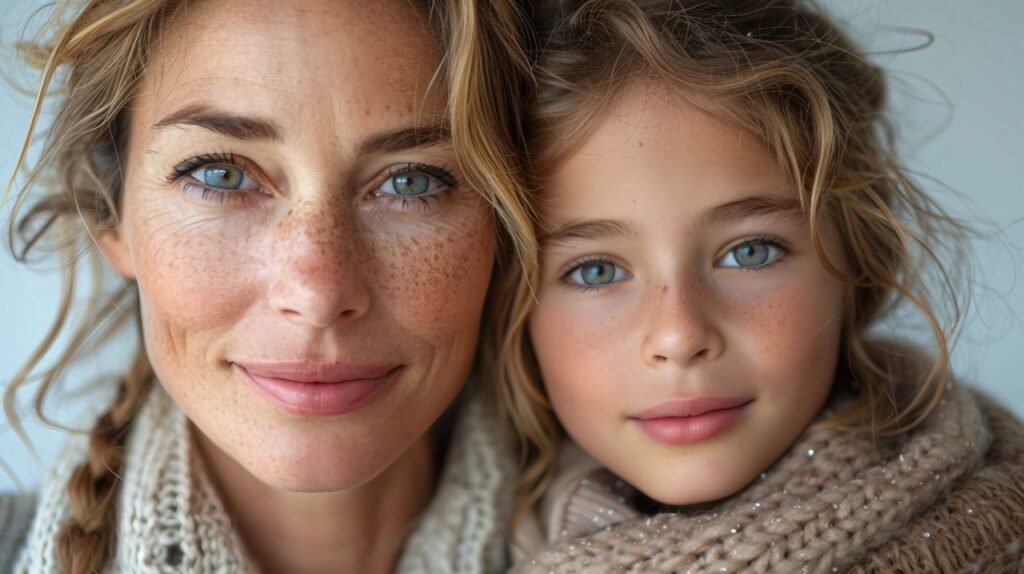 Mother, Daughter Embrace Smiling Portrait – White Background Stock Photo