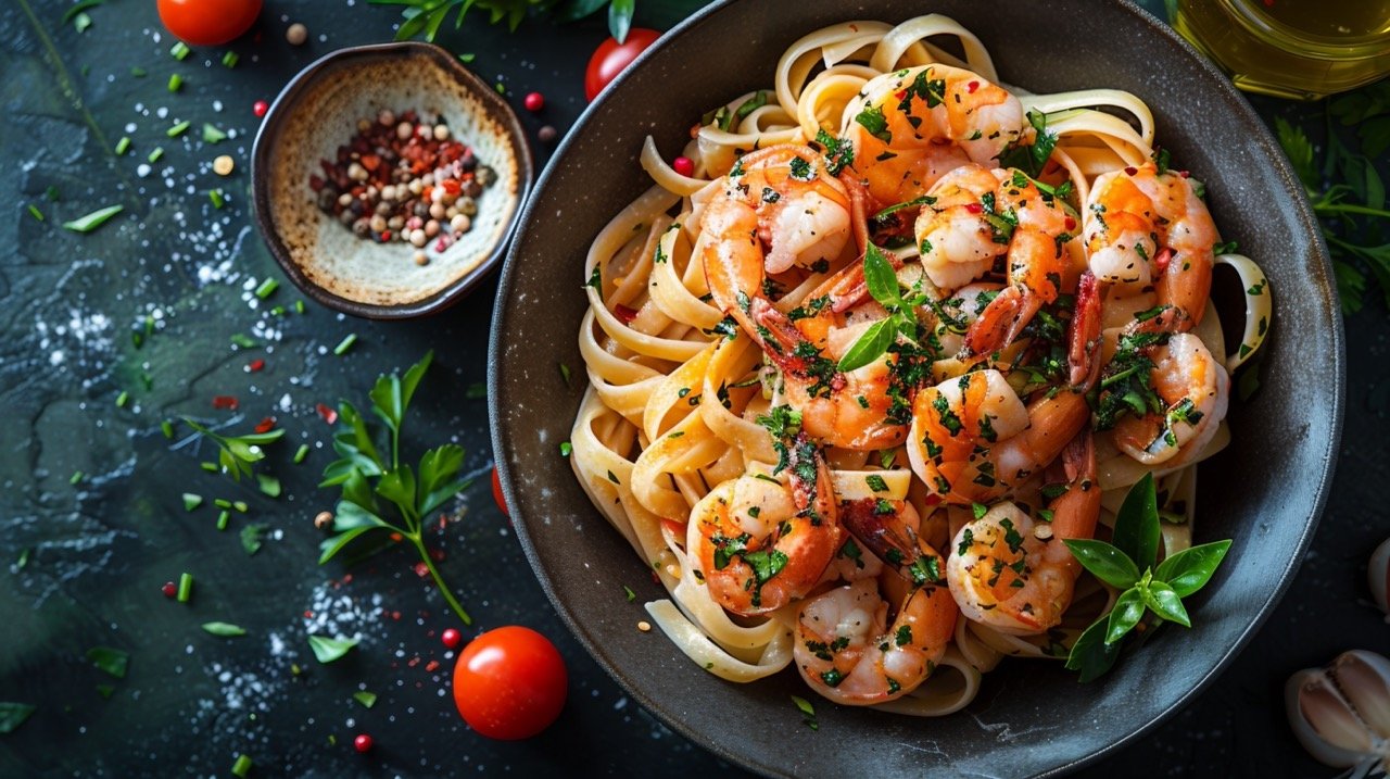 Mouthwatering Seafood Fettuccine – Italian Dish with Prawns, Salmon, and Herbs in Stock Photo