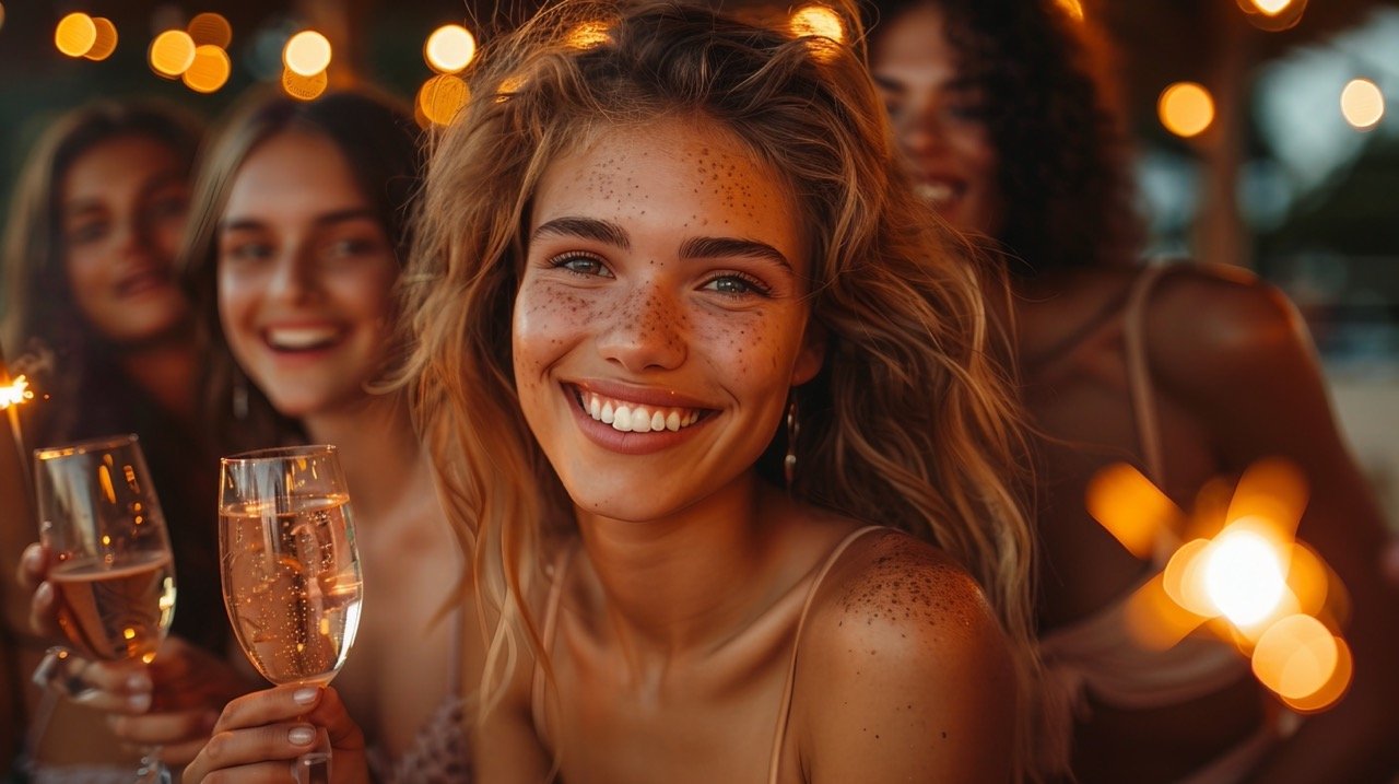 Multiracial Friends’ Rooftop Party – stock picture showcasing a festive celebration with wineglasses and sparklers on a rooftop