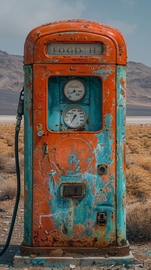 Namib Desert Discovery – Stock Photo of Vintage Gas Pump in Arid Landscape