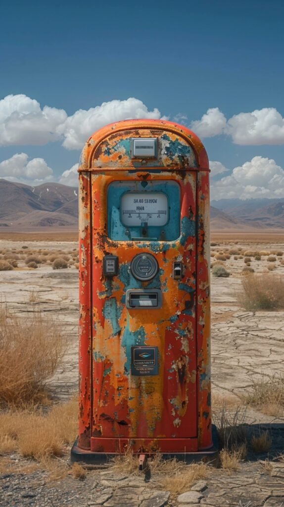 Namib Desert Relic – Stock Photo of Vintage Gas Pump in Arid Landscape