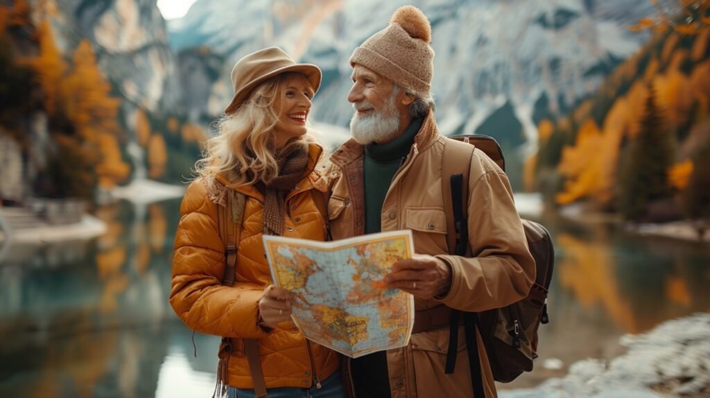 Navigating vacation together – stock image of senior couple holding a map, looking for direction