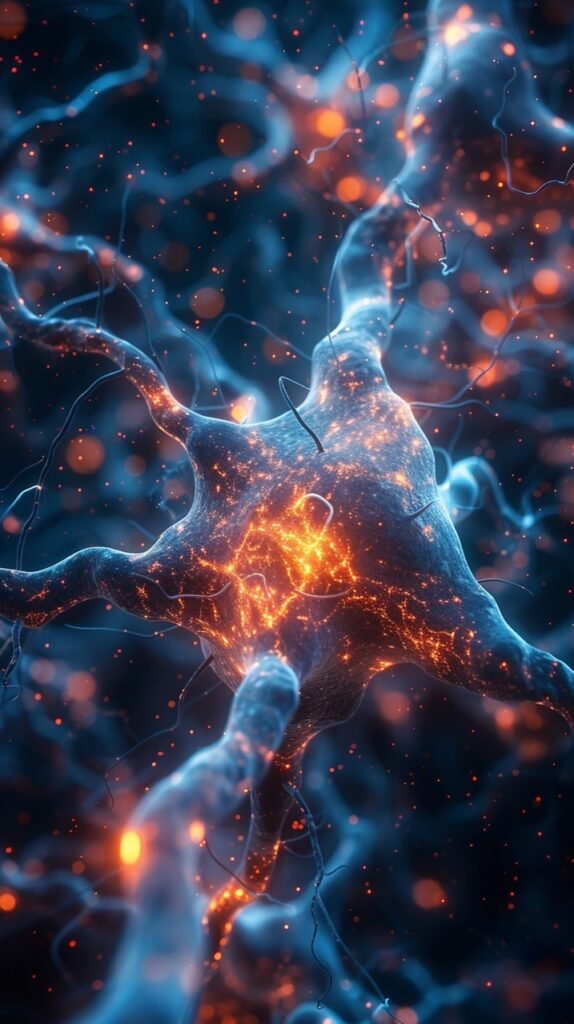 Neural Network – Glowing Neuron System, Stock Photo of Connections on Black Background