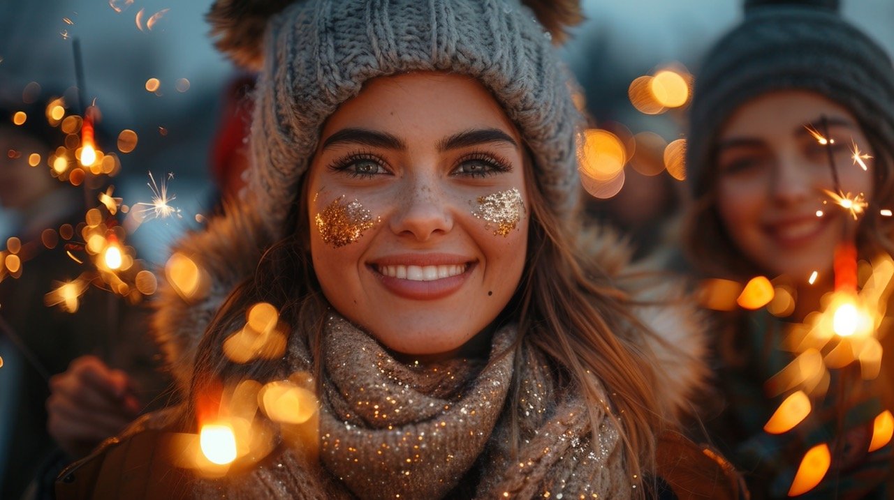 New Year Rooftop Celebration – stock photo of friends holding burning sparklers in a festive sky backdrop