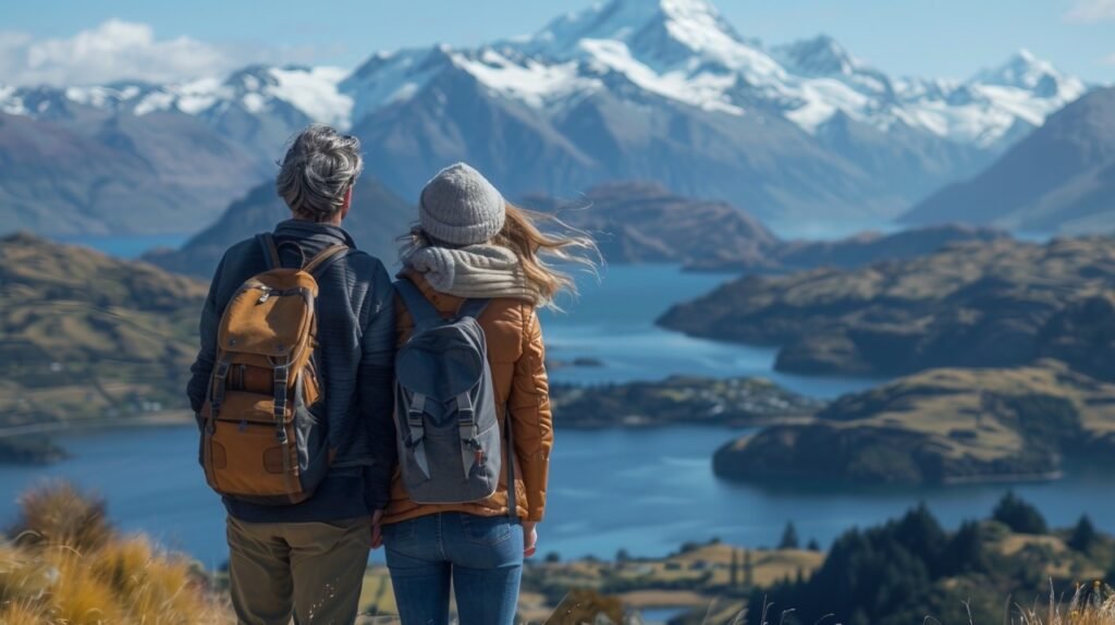 New Zealand scenic view – stock photo of tourist couple admiring Mt. Roy landscape in Wanaka