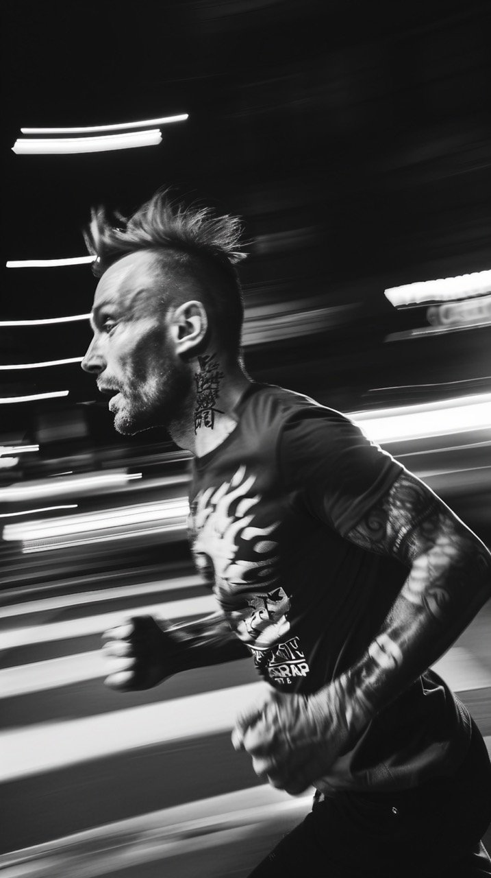 Night Run in City Strong Man, 90s Haircut, Dynamic Pose, Black & White, Blurred Motion