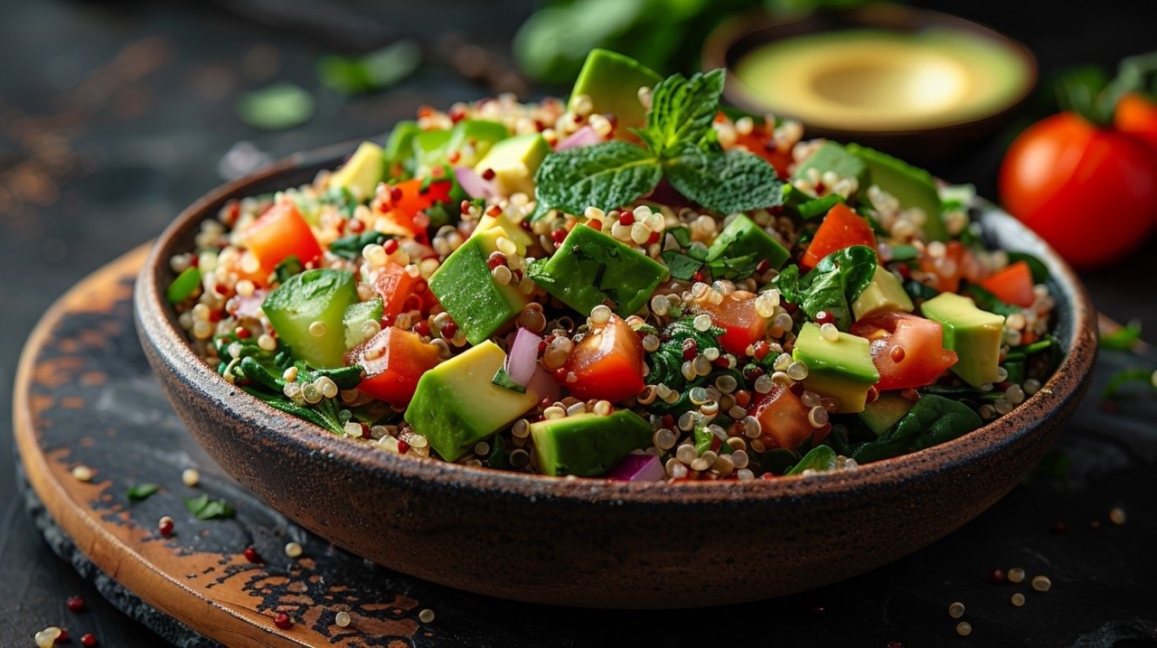 Nutritious Quinoa Salad – Stock Photography Featuring Fresh Quinoa Dish with Avocado, Cucumber, Spinach, Tomatoes