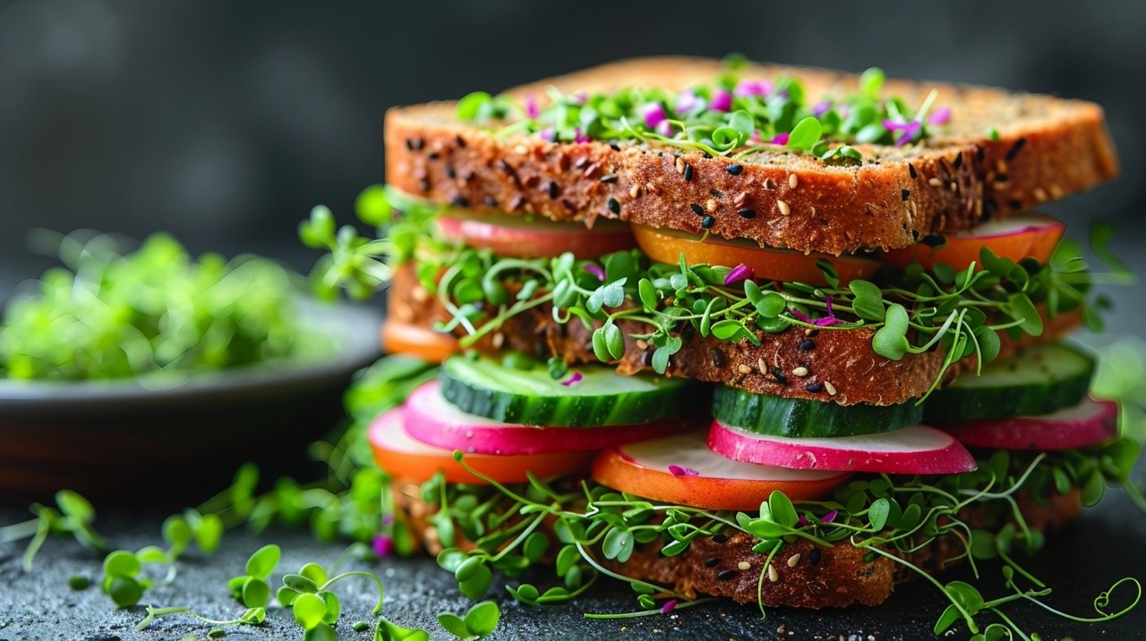 Nutritious Vegetarian Sandwich – Super Sandwich with Sprouts in Stock Image Featuring Avocado, Cucumber, and Remoulade