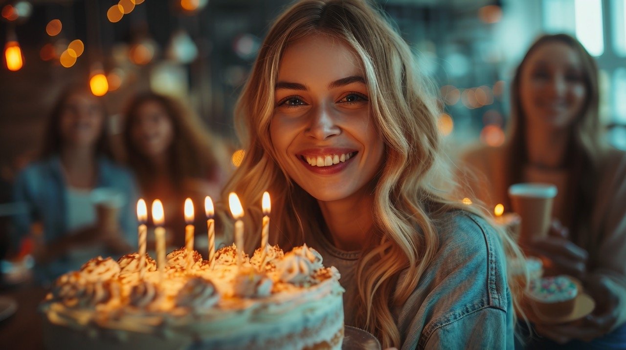 Office Birthday Party – stock photo of friends celebrating with joy at workplace festivities