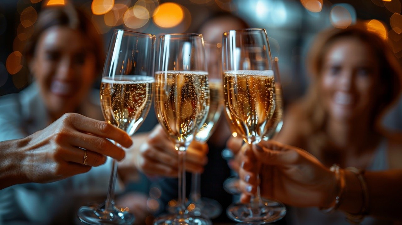 Office Champagne Toast – stock picture capturing business partners celebrating success with a toast in a bright workspace