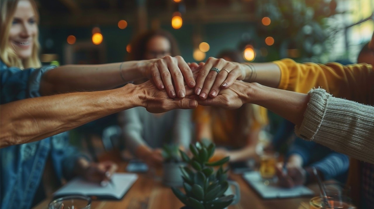 Office Collaboration Gesture – stock picture of coworkers stacking hands as a symbol of teamwork and unity