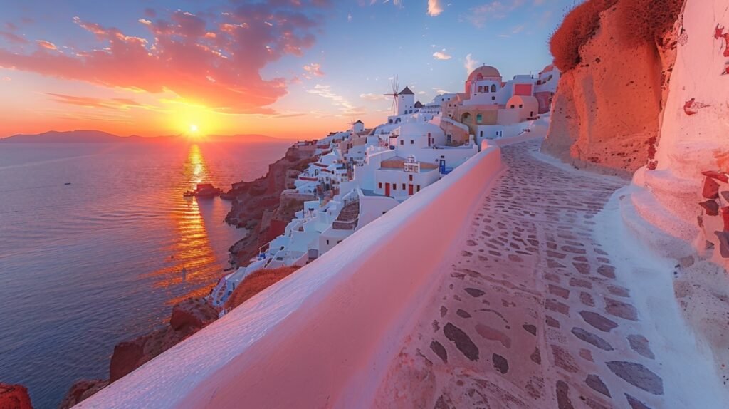 Oia’s post-sunset beauty – stock image showcasing Santorini’s Cyclades with houses and churches at twilight