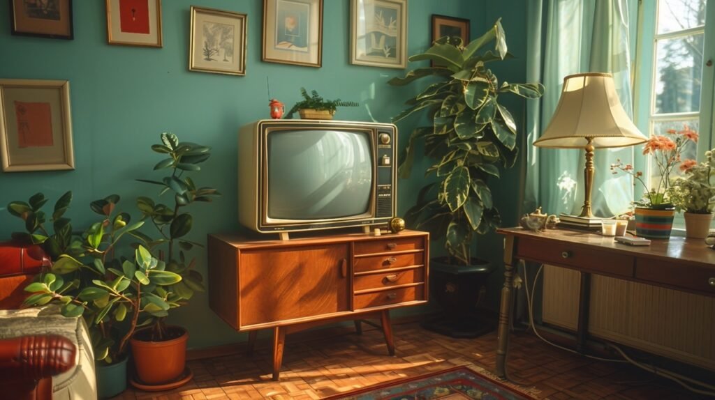 Old-School Living Space – Retro Interior Stock Photo with TV and Lamp on Wooden Desk