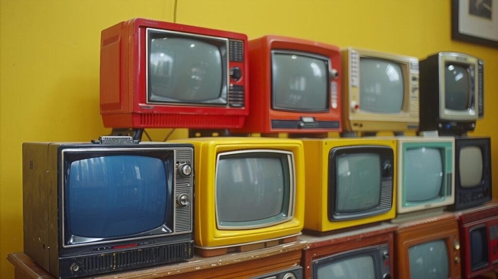 Old-School TV Setup – Red Analog Television Sets in Rows on Yellow Background Stock Photo