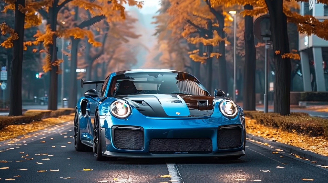 On-Road Blue and Black Porsche 911 High-Resolution Image for Automotive Admirers and Collectors