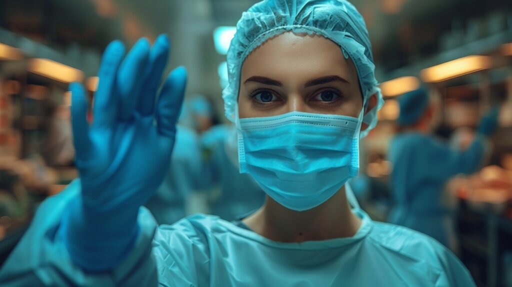 Operating Room Preparation Surgeon Adjusts Glove – Surgical Scene – Stock Photo