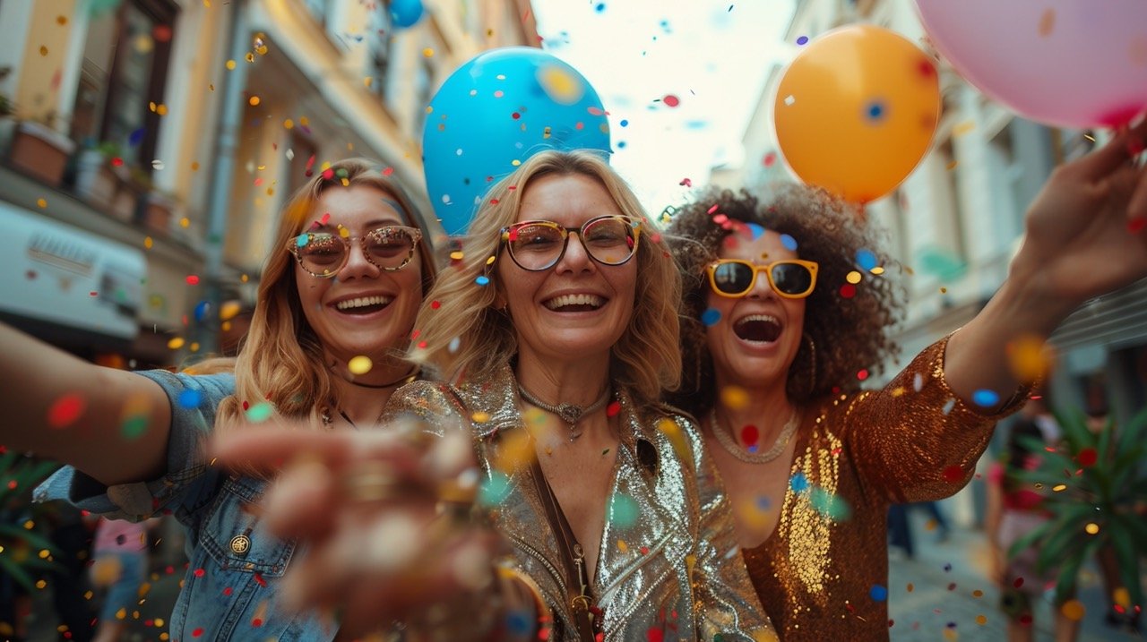 Outdoor Celebration with Colorful Confetti – stock photo of joyful mature women having fun with balloons outdoors