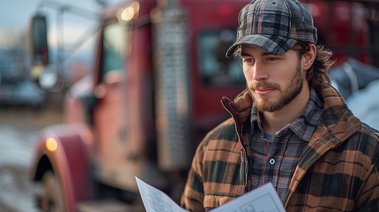 Paperwork Inspection Men and Tractor Trailer – Stock Image