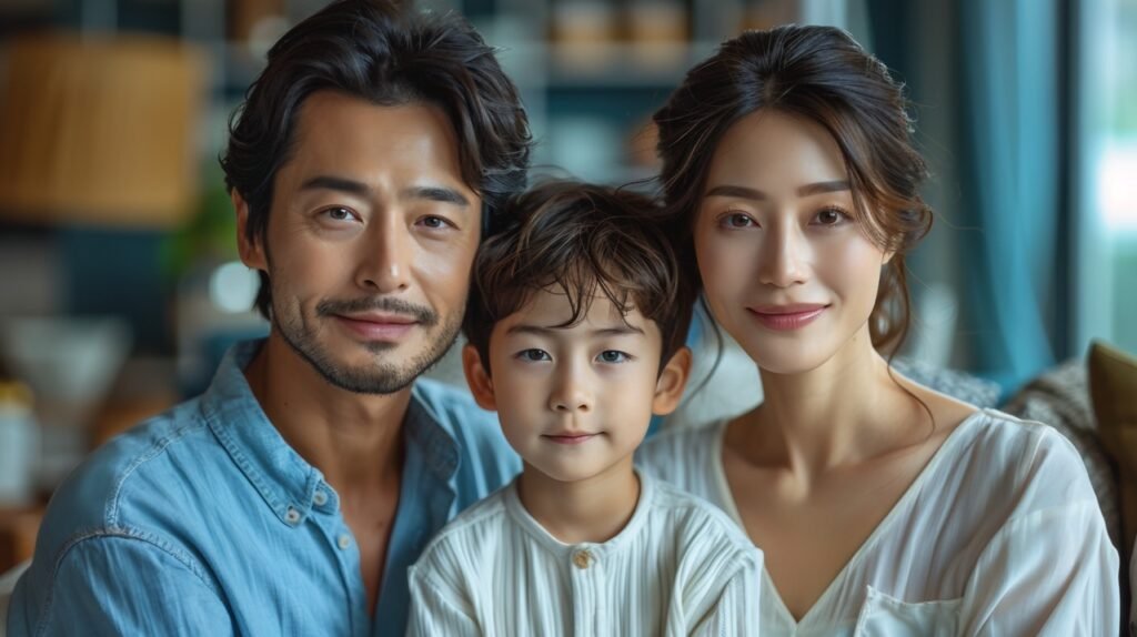 Parenting Bond Parents, Son in Blue Background – Shanghai Stock Image