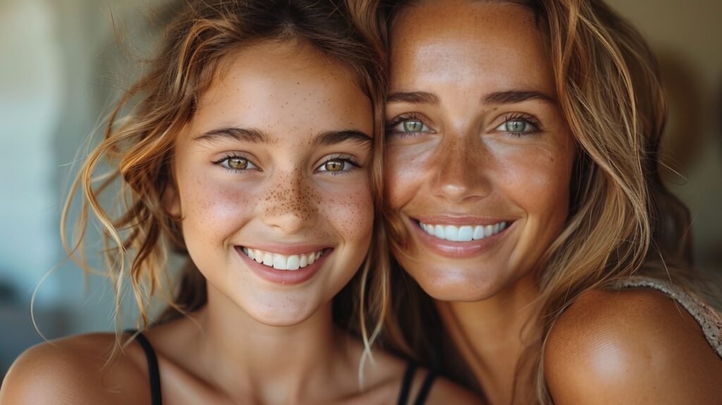 Parenting Joy Smiling Daughter, Mother Embrace – White Background Stock Photograph