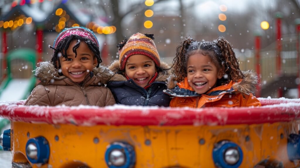 Park Fun – Mother and Kids on Roundabout in Playground Stock Photo