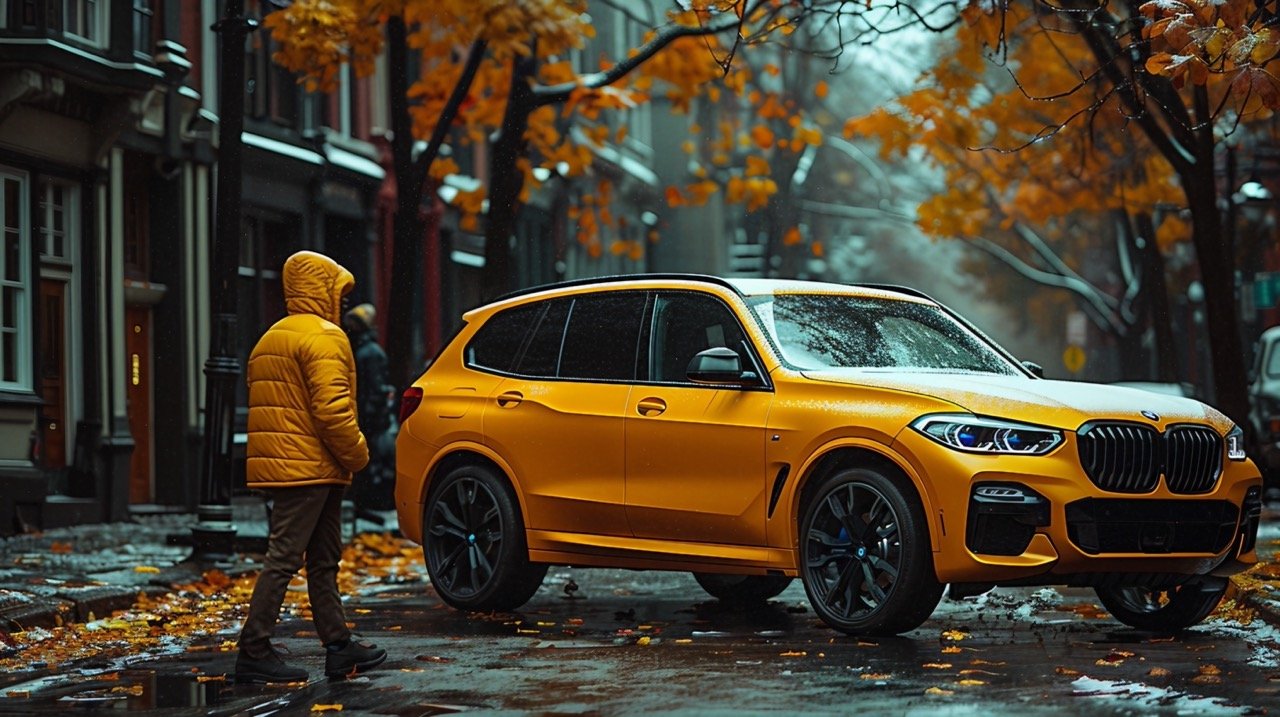 Parked Yellow BMW SUV Stunning Stock Image for Automotive Enthusiasts and Luxury Car Fans