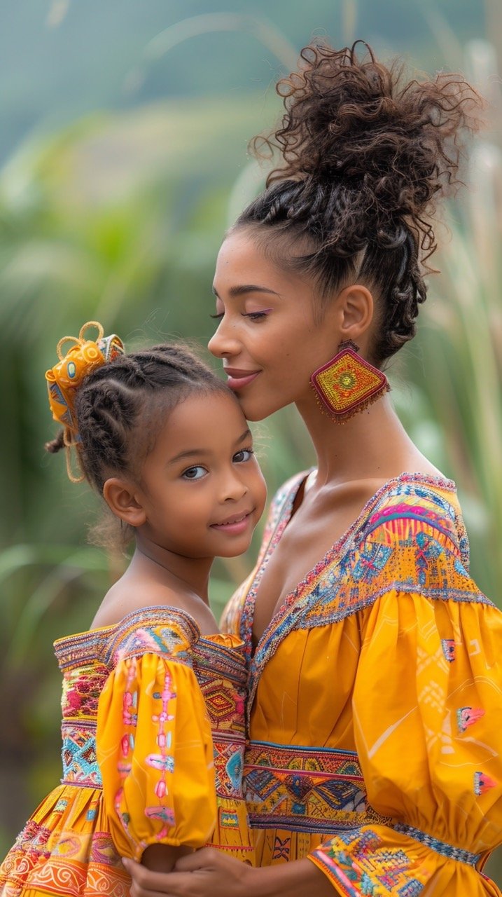 Playful duo Ethnic mother, daughter in pink dress – Stock photo with pink, yellow background