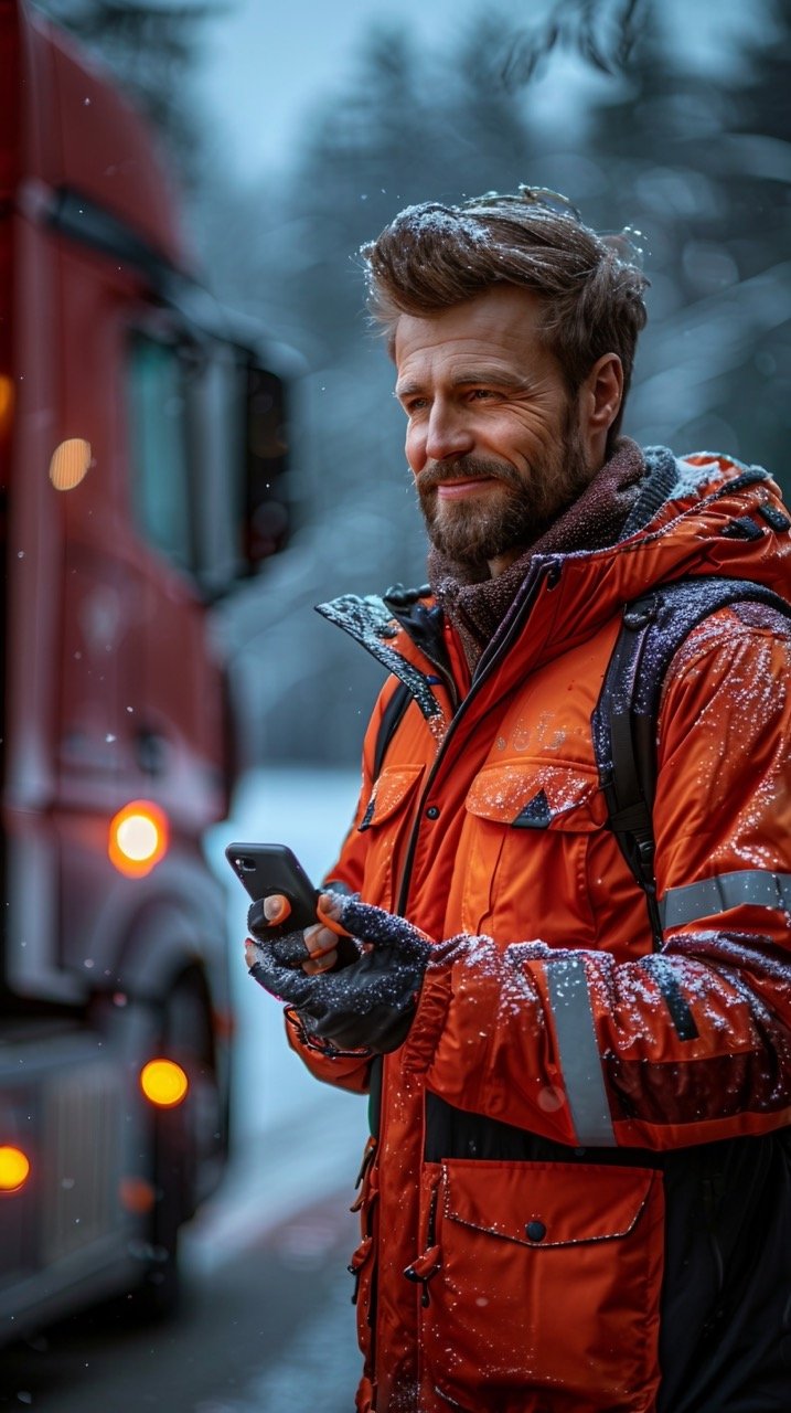 Professional Truck Driver with Smartphone by His Truck – Stock Image