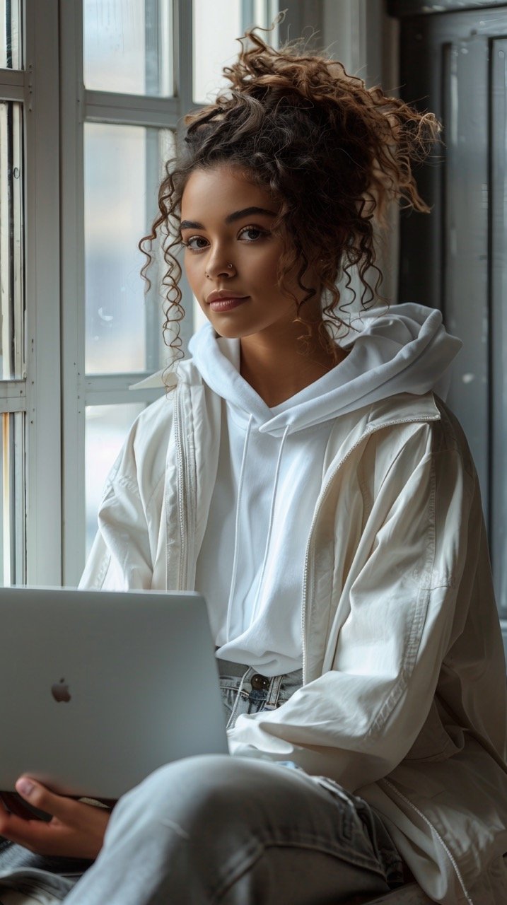 Professional Woman with Laptop – Stock Photo of Female Working on Laptop Against White Background