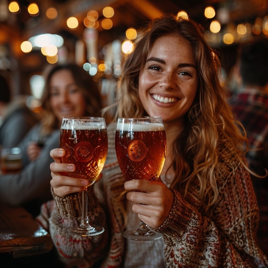 Pub camaraderie Group chatting, toasting with beers – Stock photo of social gathering in a pub