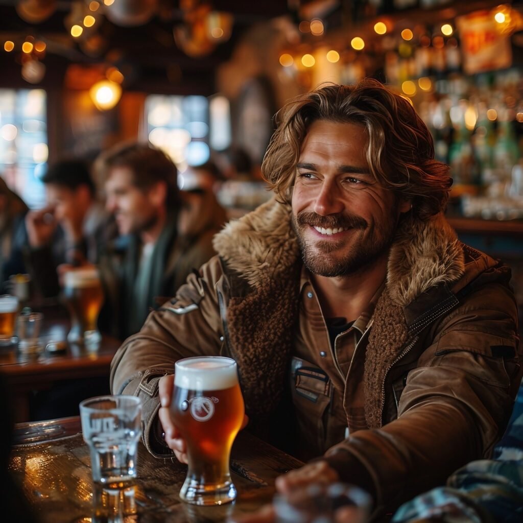 Pub conversations People chatting and toasting with beers – Stock photo capturing socializing in a pub