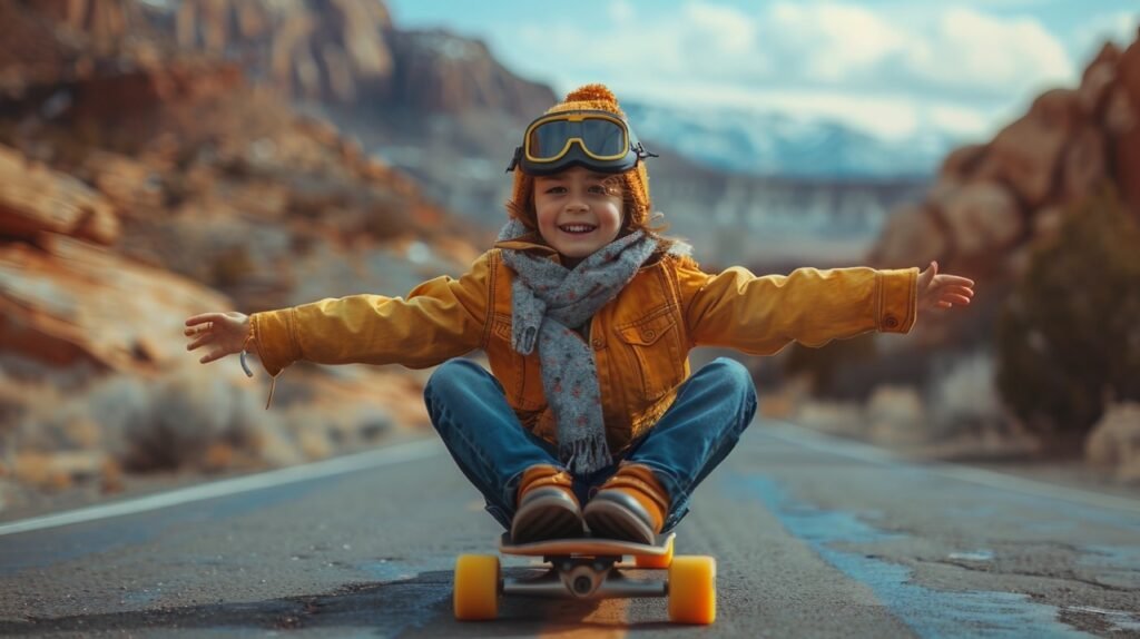 Ready to fly – stock photo of a young boy in flight cap and goggles with suitcase on skateboard