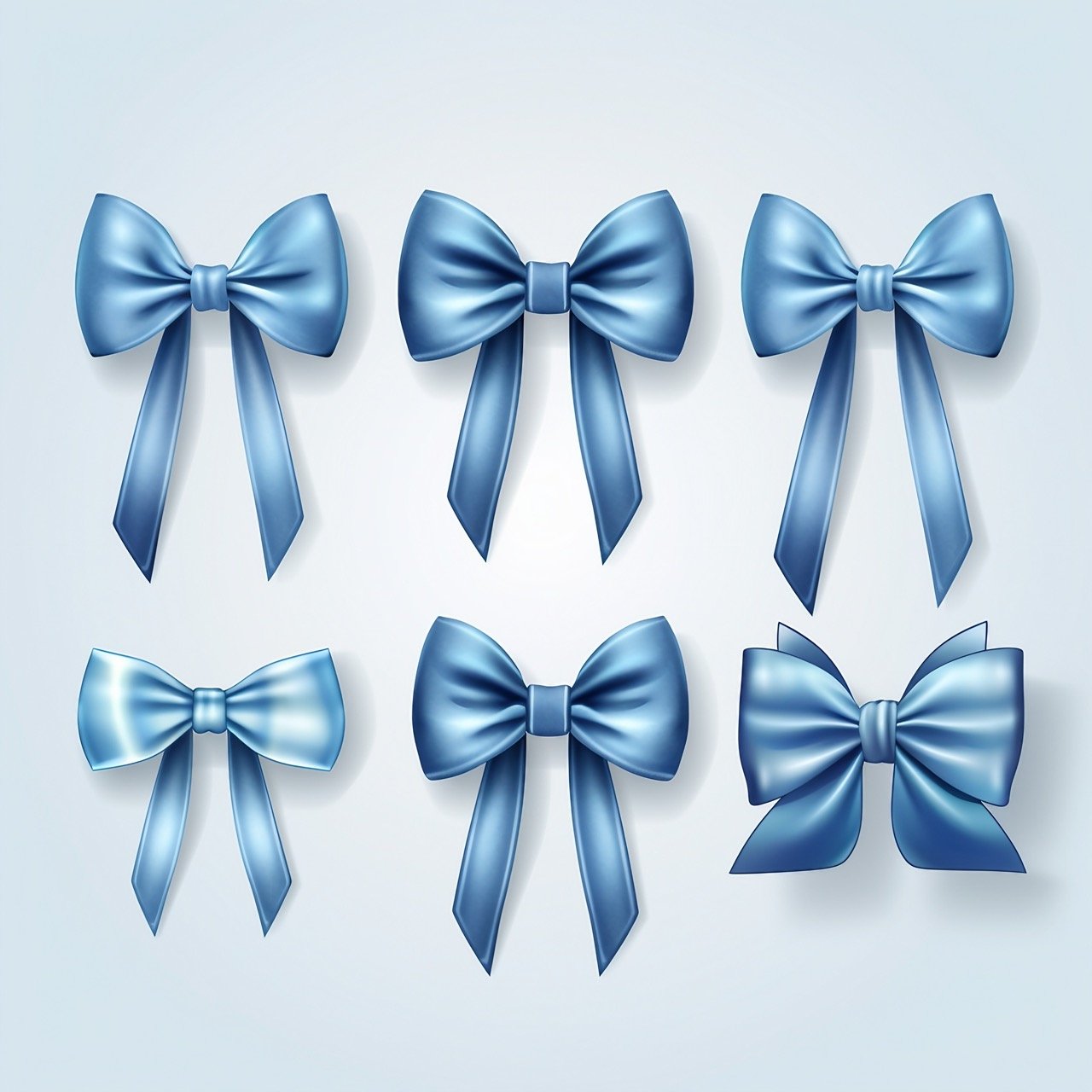 Realistic portrayal of blue bows in varying loop counts—two, four, and more—in a set suitable for Christmas ribbon decorations