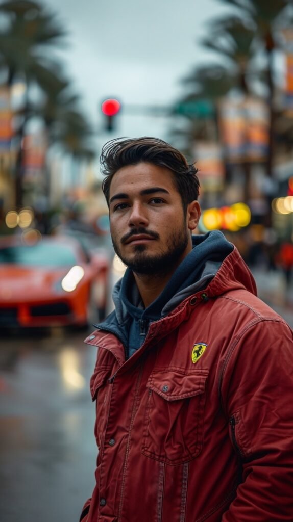 Red Car Pose – Stock Photo of Man Standing Proudly in Front of His Sports Car