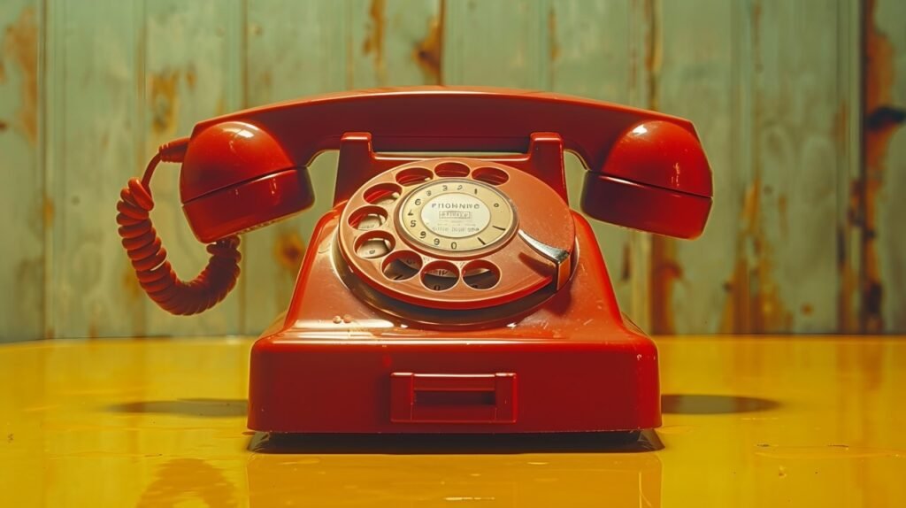 Red Phone Receiver in Motion – Vintage Rotary Landline Phone Stock Photo on Yellow Surface