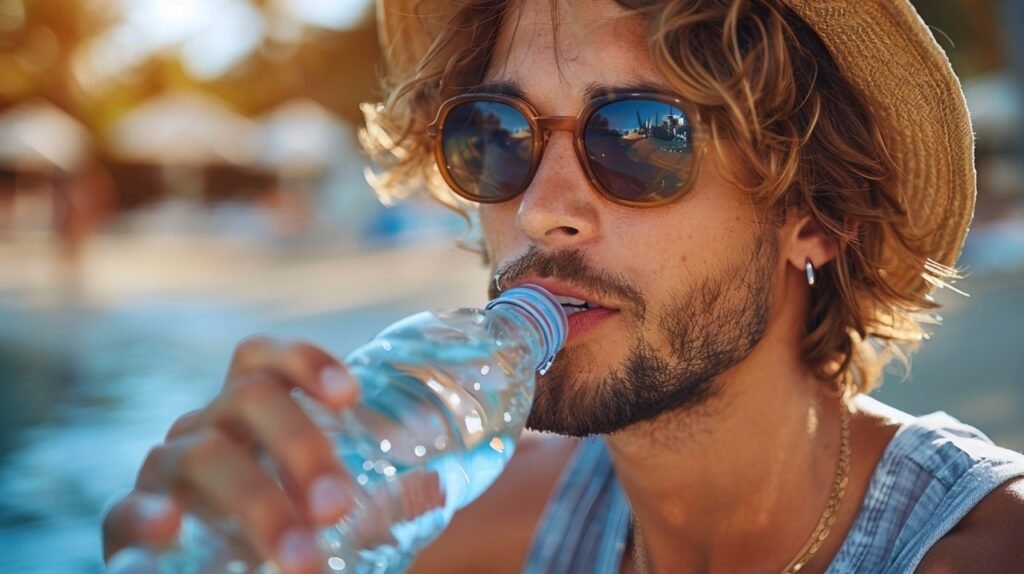 Refreshing break Man drinks from water bottle outdoors – Stock photo from low angle