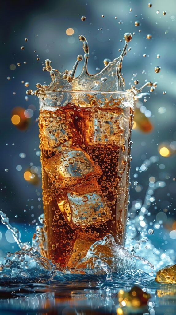 Refreshing cola splash Isolated on blue – Stock photo of fizzy drink with a large splash