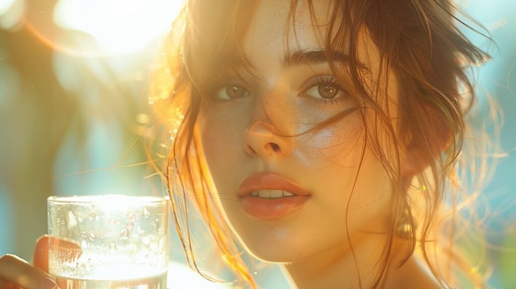 Refreshing drink Young woman sips water – Stock image of a woman hydrating with water