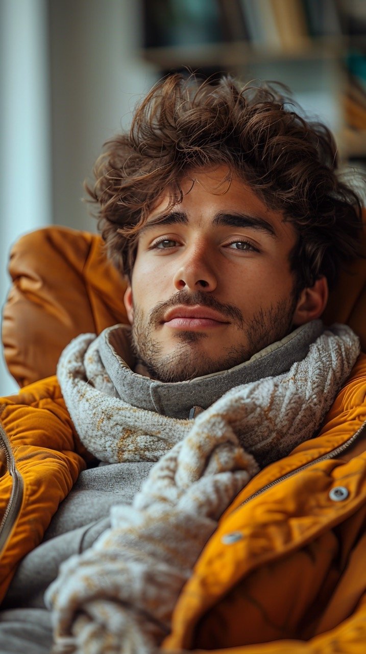 Relaxed Young Man in Cozy Armchair on White Background Comfortable Indoor Scene