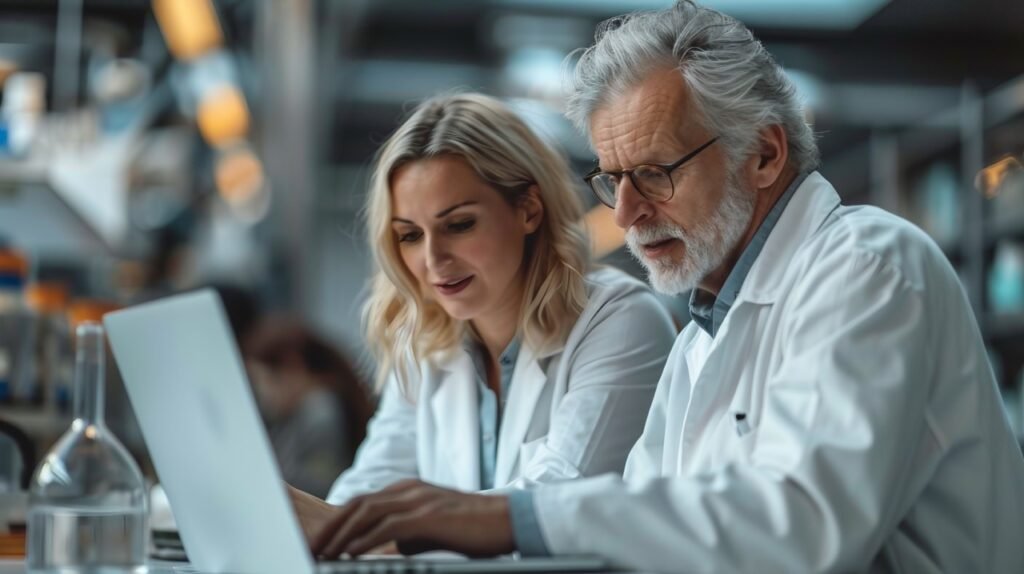 Research Teamwork Mature Scientist and Colleague Engage with Laptop – Professional Stock Photo