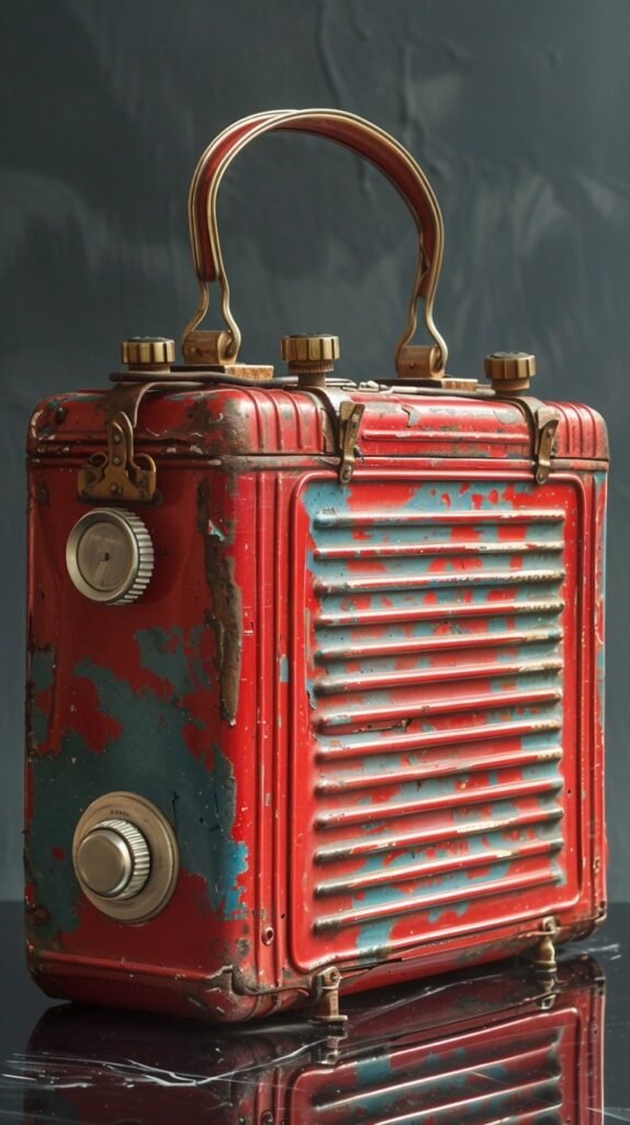 Retro Portable Radio – Stock Photo of Vintage Red Radio Shaped Tin on White Background