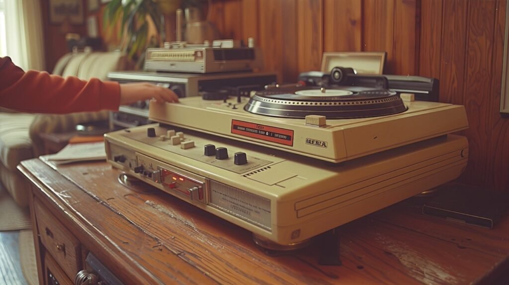 Retro Tape Player – Vintage Cassette Player Stereo in Nostalgic Living Room Stock Photo