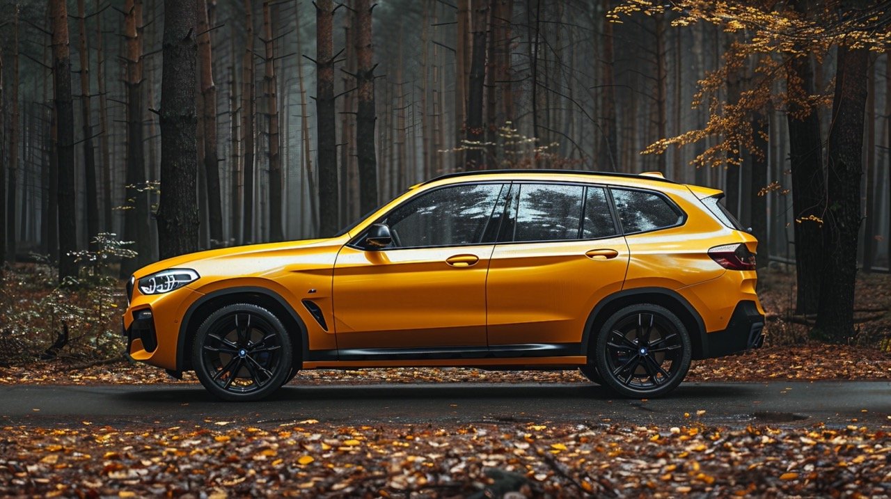 Roadside Yellow BMW SUV High Resolution Stock Photo Ideal for Automotive and Design Projects