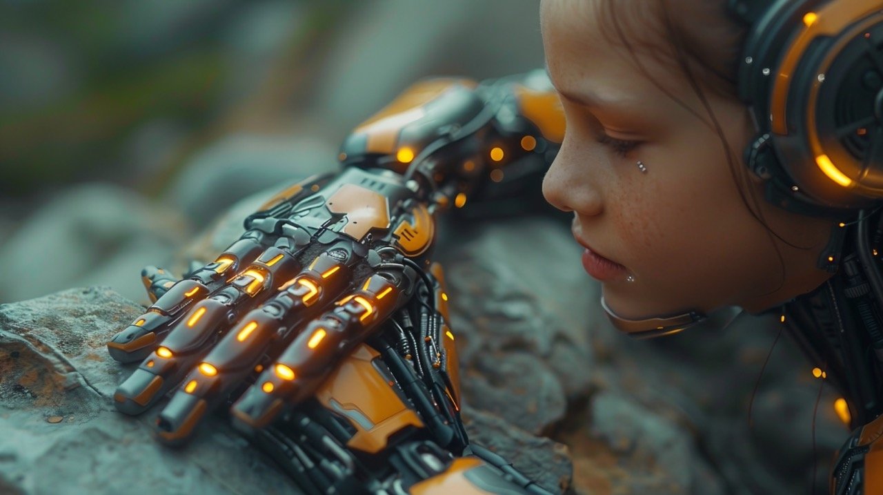 Robot Hand Close-Up Touching Child’s Fingertips – Stock Photo of Robot Holding Child’s Hand