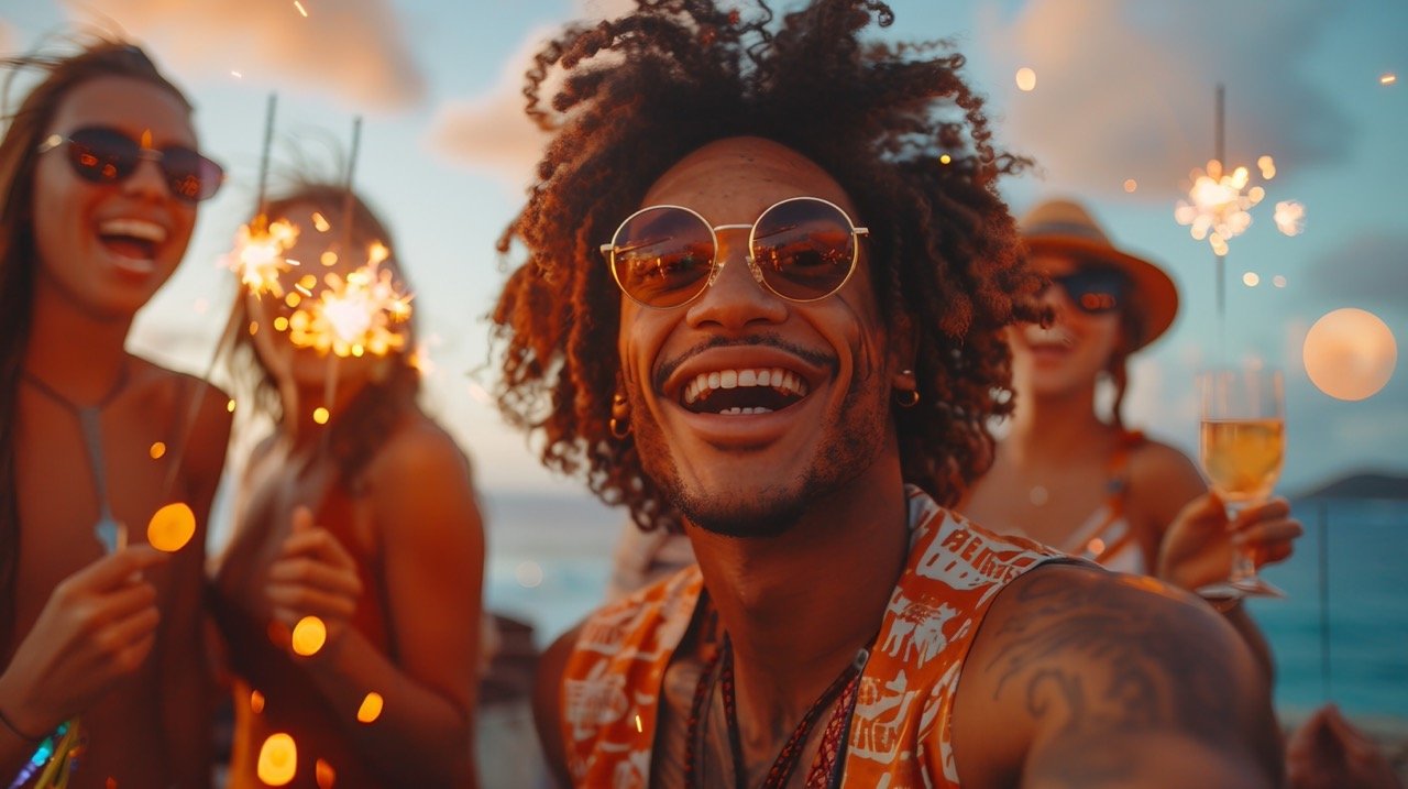 Rooftop Party Celebration – stock photo of multiracial friends raising wineglasses and sparklers during a festive reunion