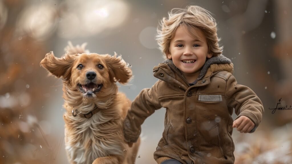 Running Boy with Pet – Young Child and Bergamasco Shepherd Dog Running in Bergamo, Italy Stock Image