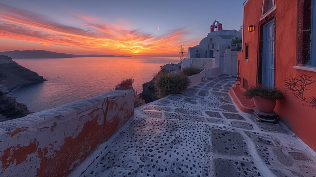 Santorini’s evening charm – stock photo of Oia’s houses and churches in Cyclades at twiligh