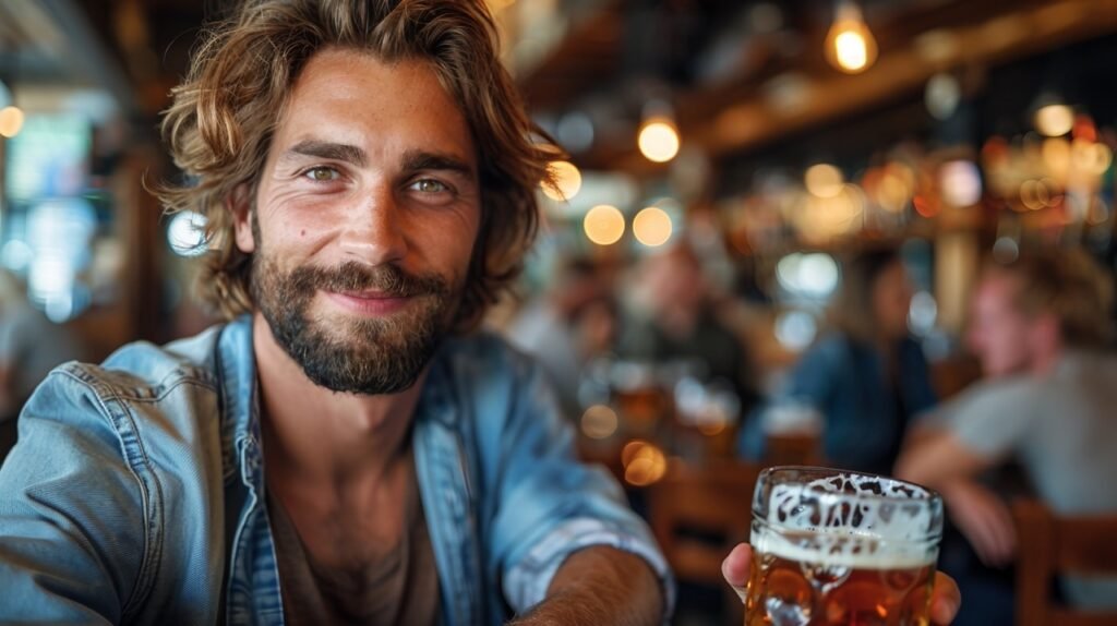 Savoring beer Man enjoys his pint – Stock image capturing beer drinking moment