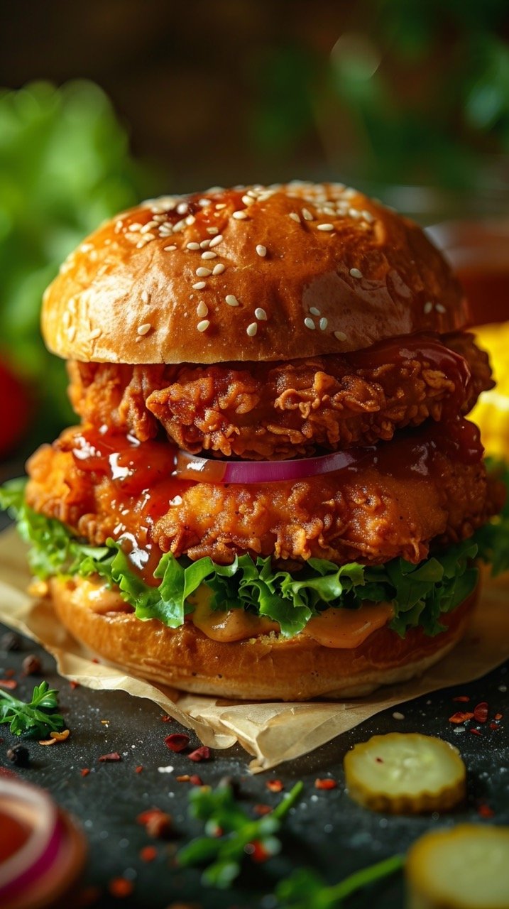 Savory Fried Chicken Sandwich – Delicious Fast Food on Bun with Lettuce, Pickle, Sauce Stock Image