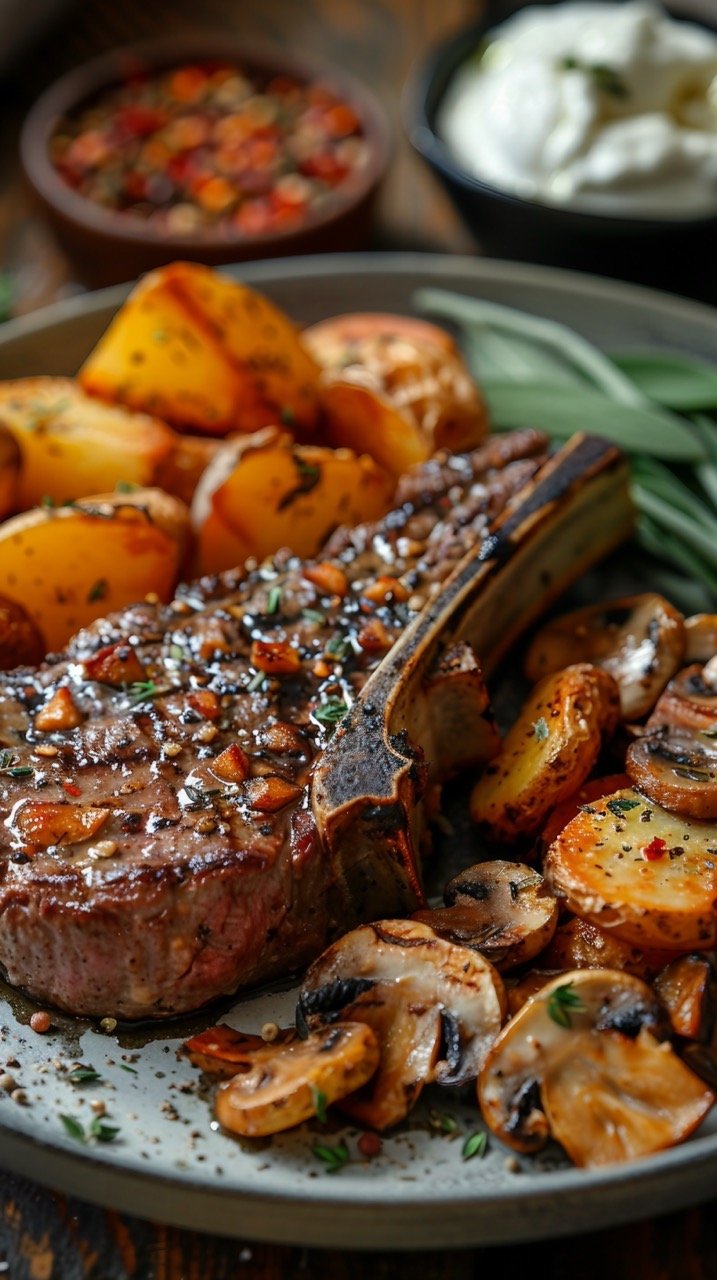 Savory Tomahawk Steak – Juicy Beef with Mushrooms, Burrata, and Sage Potato Wedges in Stock Photo